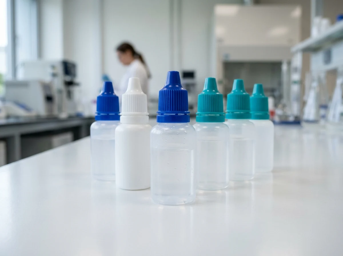 Eye-drop bottles on a laboratory bench