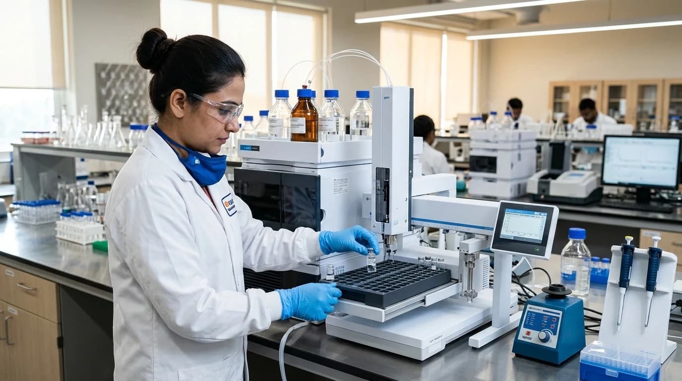 Quality-control chemist running tests in a pharmaceutical laboratory