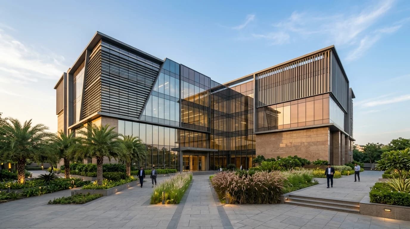 Modern office building with landscaped grounds