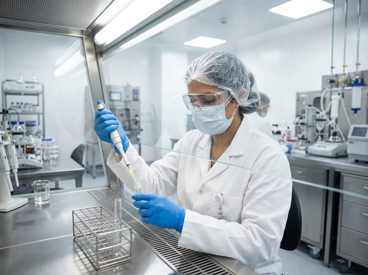 Scientist in protective gear working with samples
