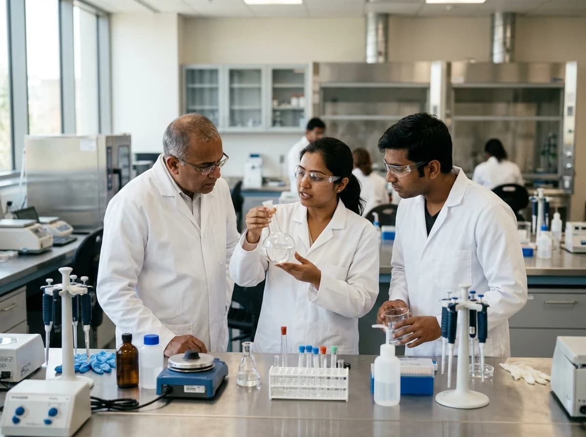 Test tubes in a laboratory with scientists in the background