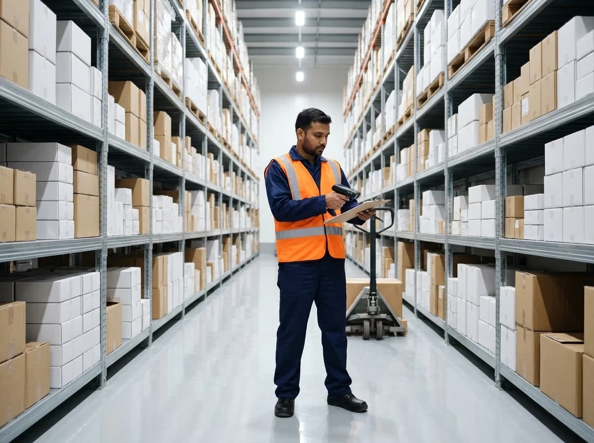 Worker checking medicine stock in a warehouse