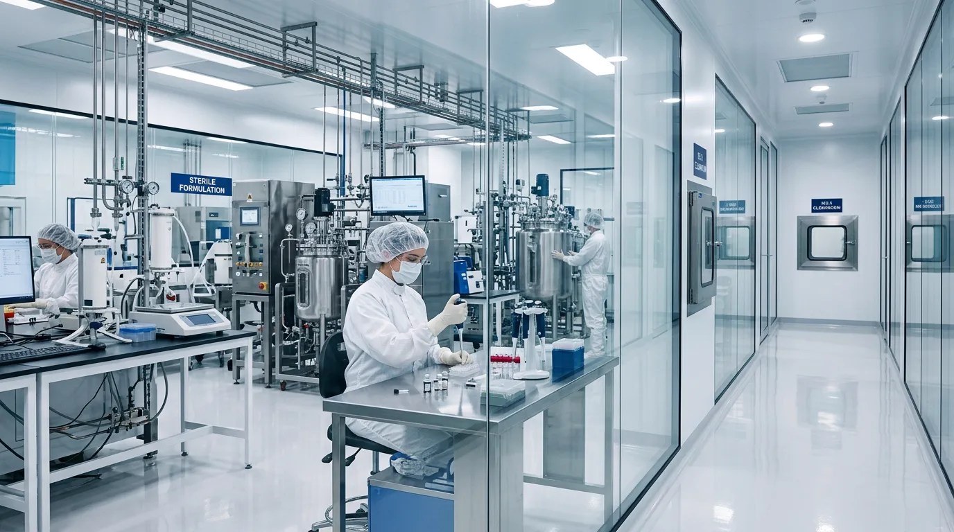 Technicians in a sterile formulation laboratory