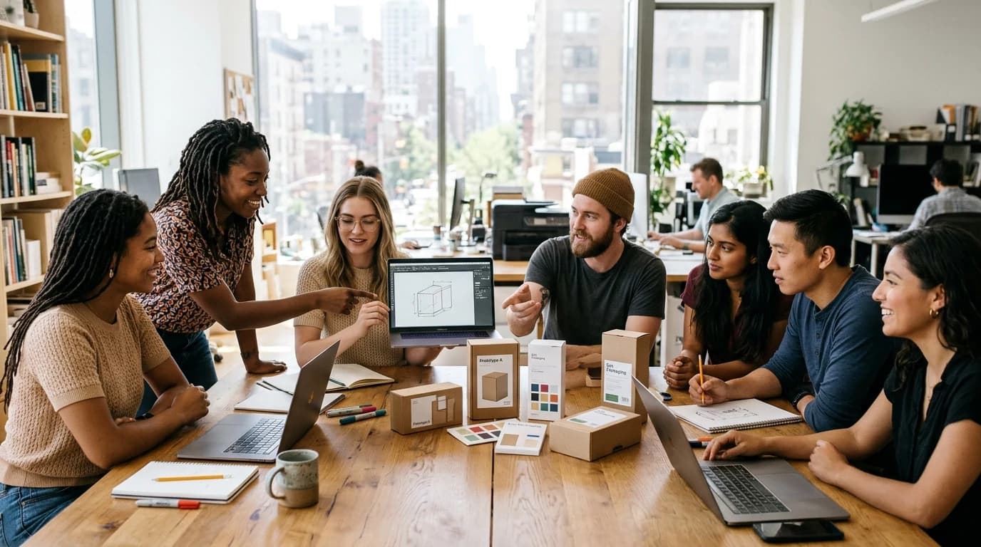 Team working together around a table
