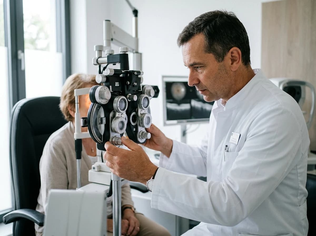 Eye doctor examining a patient with a phoropter