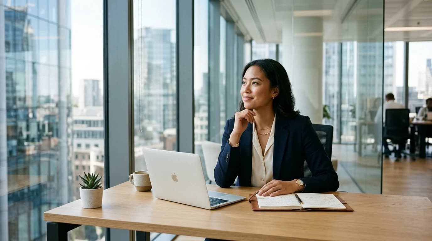 Young professional at a desk in a bright office