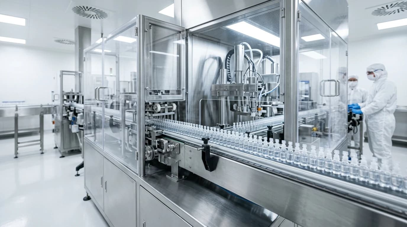 Automated eye-drop filling line in a cleanroom