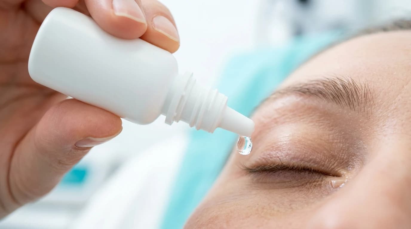 A woman helping an older man with his eye drops