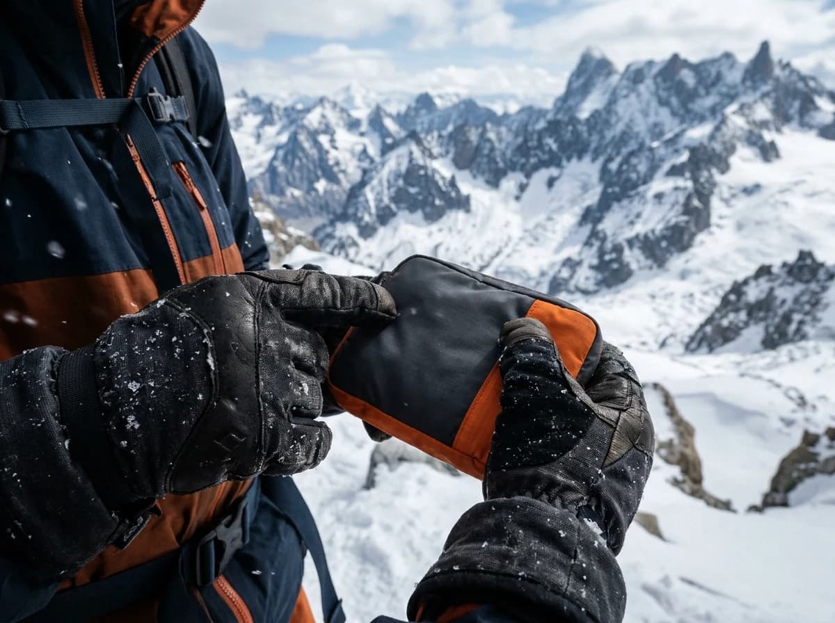 Gloved hands holding a warming pack in snowy mountains