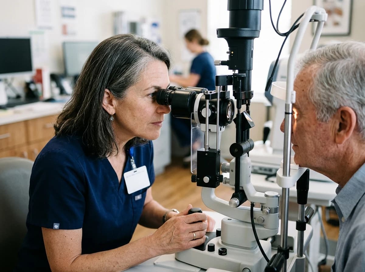 Ophthalmologist examining a patient with a slit lamp