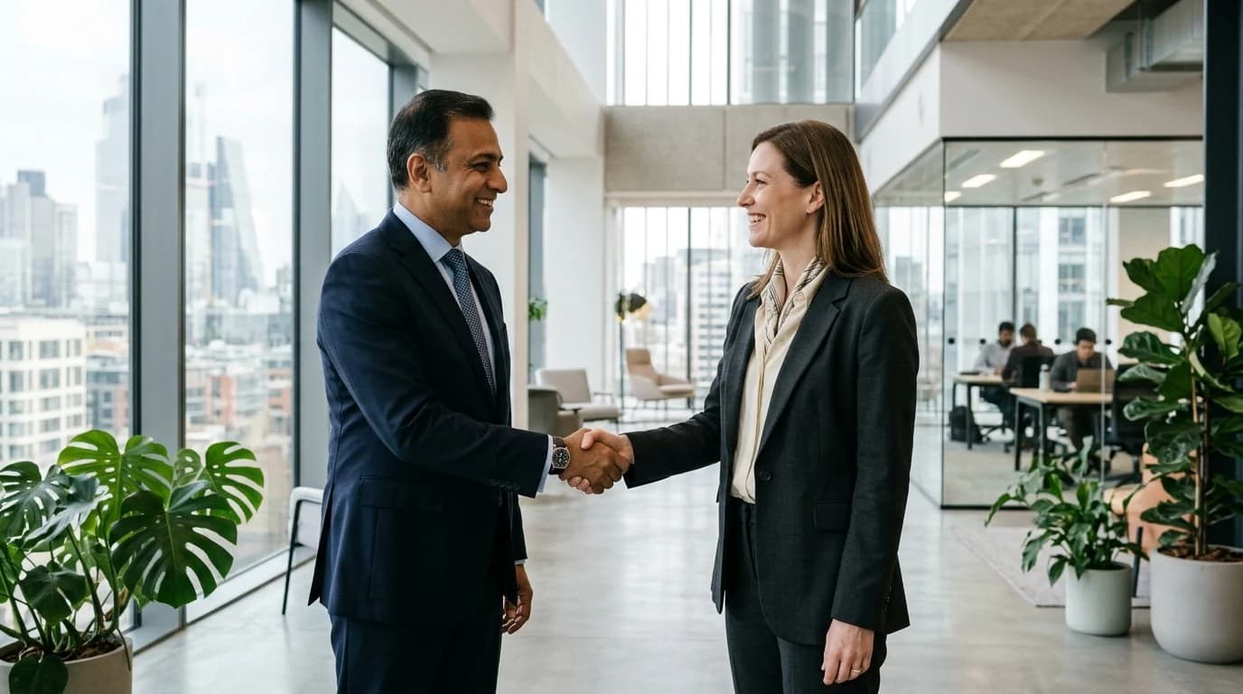 Two business partners shaking hands in an office