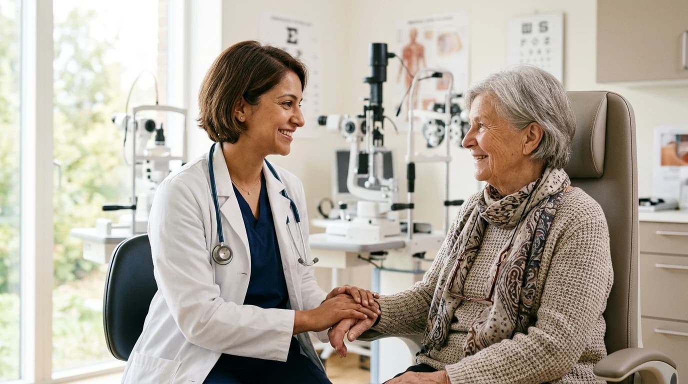 Eye doctor reassuring an elderly patient