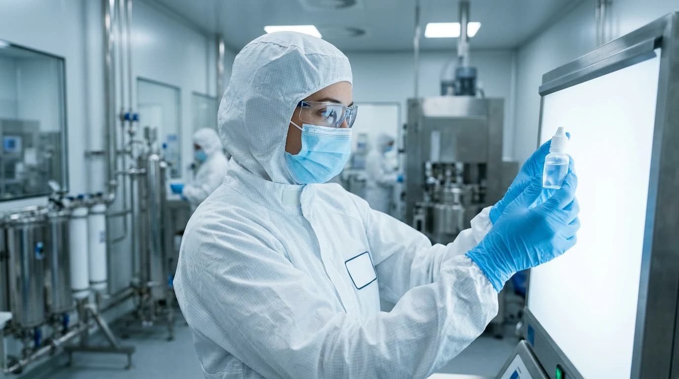 Quality-control scientist inspecting eye-drop vials in a cleanroom