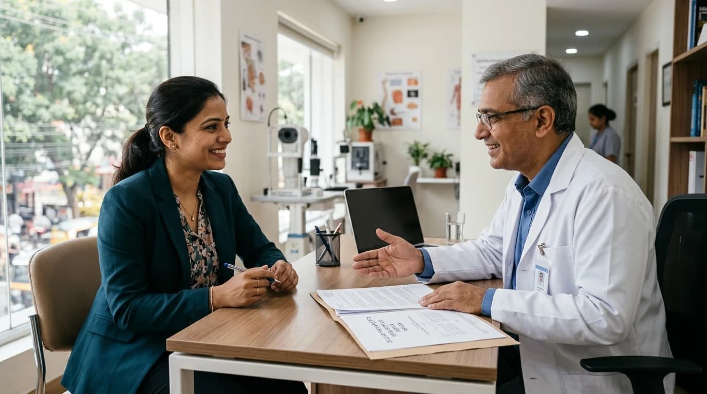 Medical representative meeting an ophthalmologist at his desk