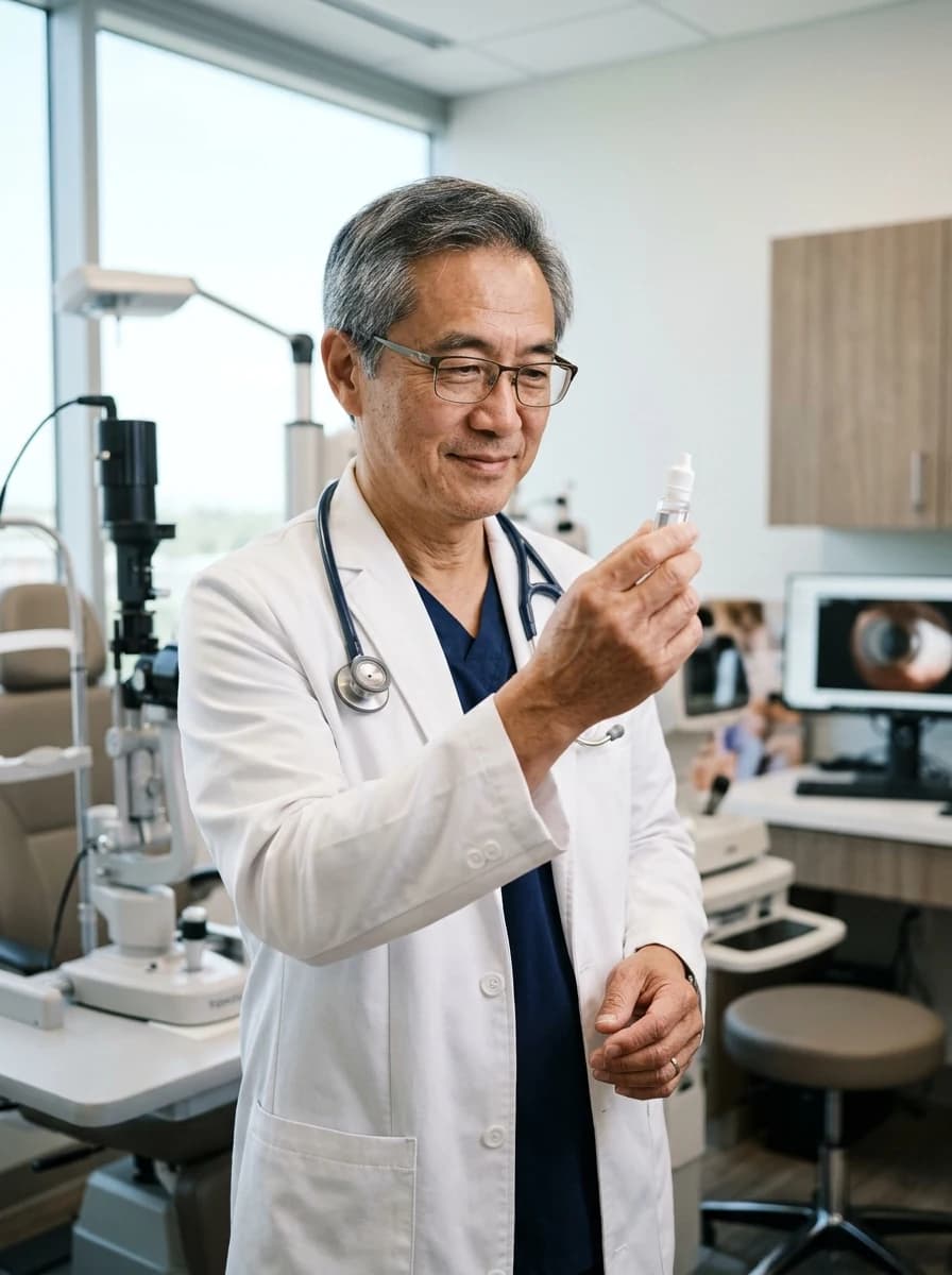 Ophthalmologist checking an eye-drop bottle
